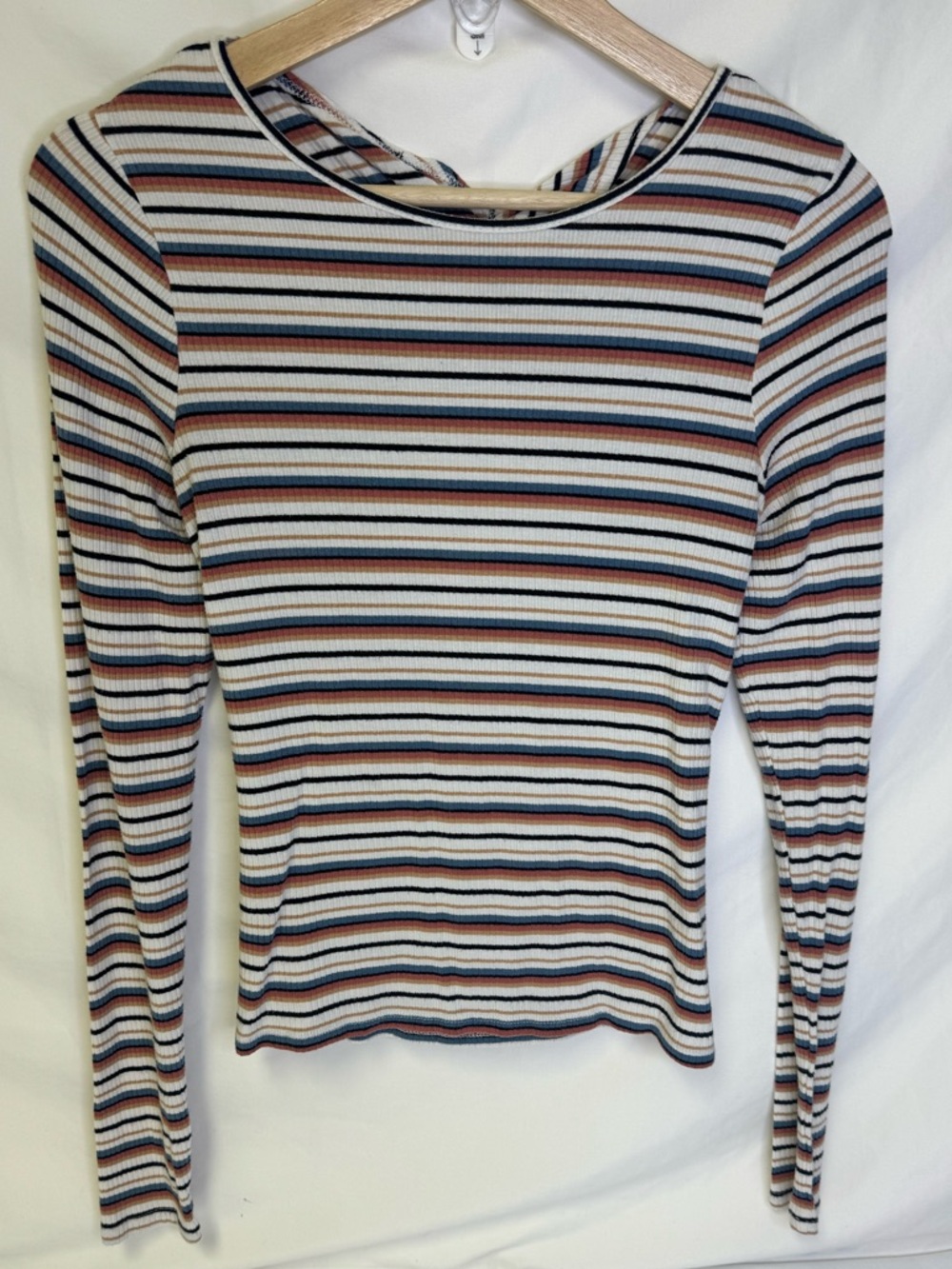 Hollister Striped Ribbed Long Sleeve Top in Cream, Navy, Rust, Light Blue